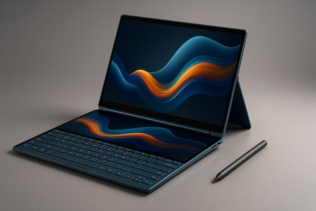 Lenovo Yoga Book 9i dual-screen 2-in-1 convertible laptop in teal, shown in laptop mode with a detachable keyboard and stylus on the desk; vivid abstract wallpaper displayed across both screens.