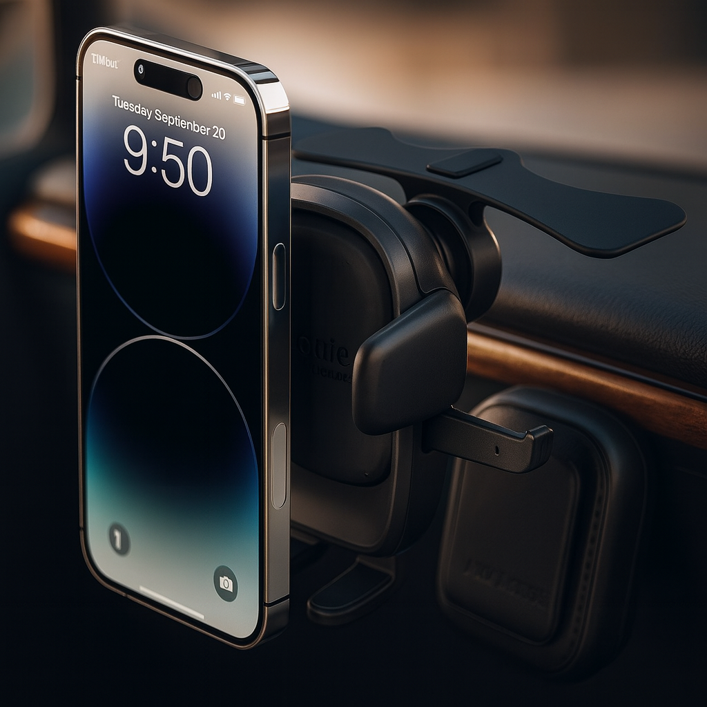 iPhone mounted on an iOttie Easy One Touch holder inside a car, shown against a warm, softly blurred vehicle interior background with subtle natural light reflecting on the phone’s edges and the mount’s padded arms.