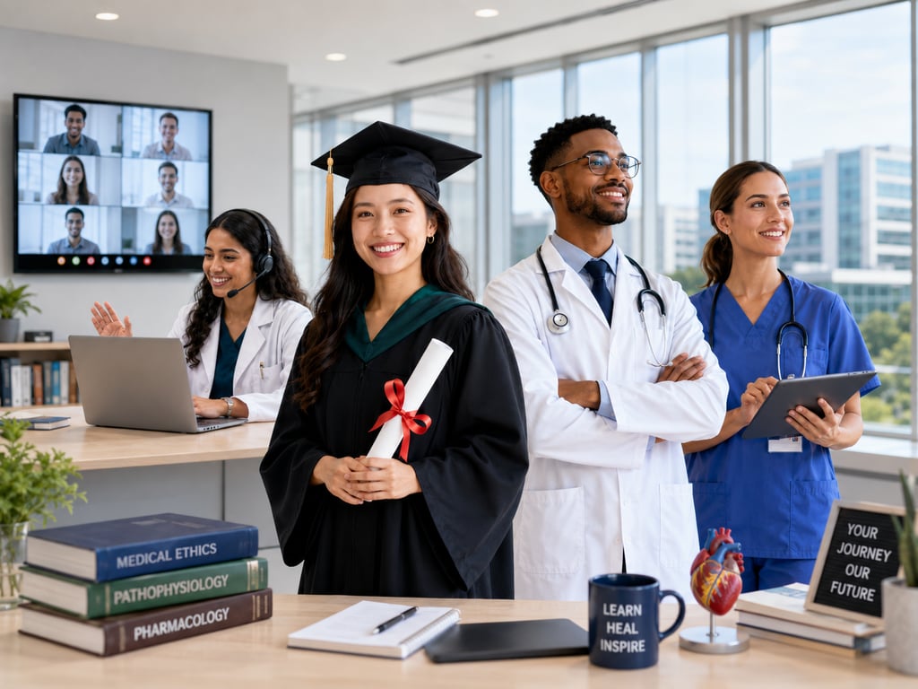 Successful online medical school graduates and healthcare professionals celebrating inspiring career journeys, with a smiling graduate holding a diploma, doctors, nurses, and a virtual learning screen in a modern medical education setting.