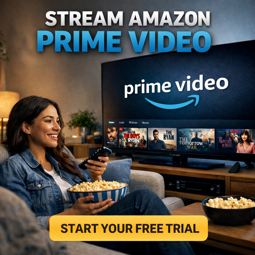 Amazon Prime Free Trial promo — Prime Video streaming on a smart TV with fast delivery icons