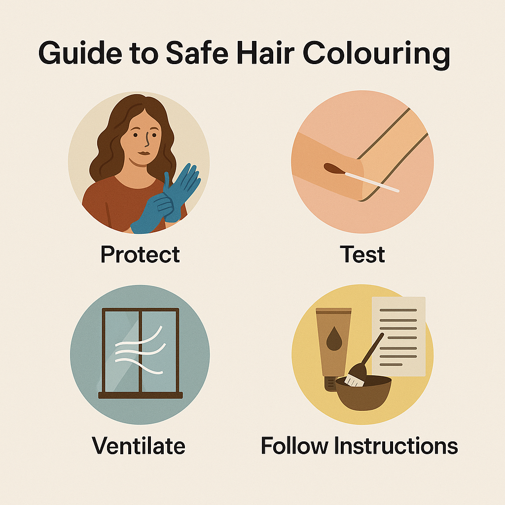 Infographic titled Guide to Safe Hair Colouring with four illustrated steps: wearing protective gloves, performing a patch test on skin, ventilating the room by opening a window, and following instructions with hair dye tools.
