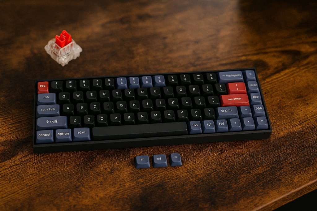 Keychron K6 Pro QMK/VIA wireless custom mechanical keyboard with compact 65% layout, featuring hot-swappable keys, red ESC and Enter keys, and additional switch options on a wooden desk background