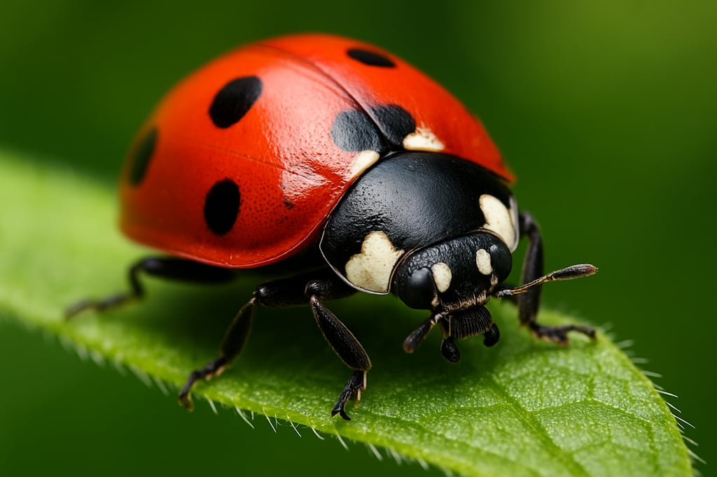 Ultra-close macro shot of a ladybug on a green leaf with crisp texture and bokeh background