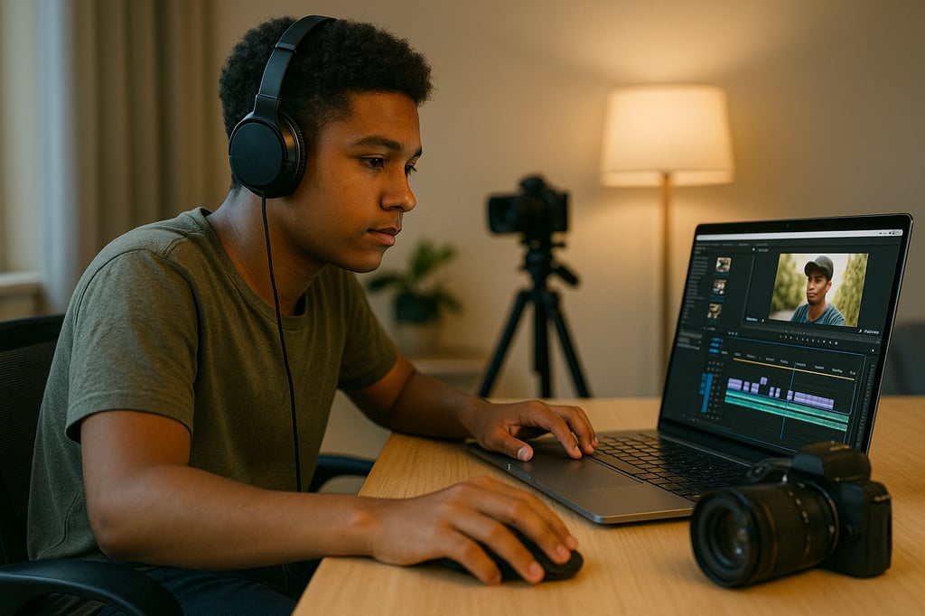 High school creator wearing headphones editing a video on a laptop, with a DSLR camera and tripod on the desk, representing the best video editing courses for teens and student creators.