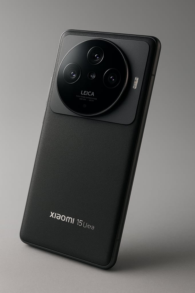 Ultra-realistic professional photo of the Xiaomi 15 Ultra smartphone, captured in a soft lighting setup with a matte black rear panel, Leica-branded quad-camera module, and metallic edges, positioned on a smooth gradient background for a premium product showcase.