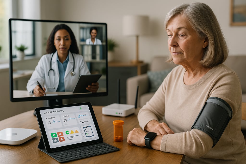 Remote patient monitoring at home: an older woman wearing a blood-pressure cuff and smartwatch reviews a tablet health dashboard while a clinician appears on a telehealth screen in the background.