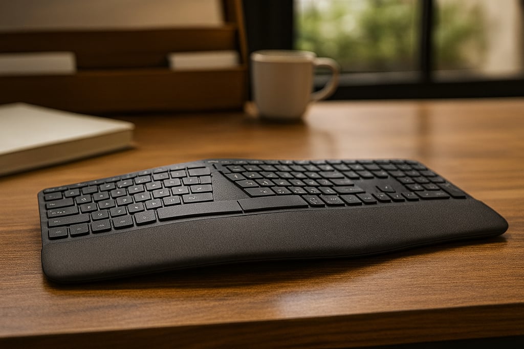 Logitech Ergo K860 ergonomic split keyboard with curved design and cushioned wrist rest, placed on a realistic modern desk setup for professional use