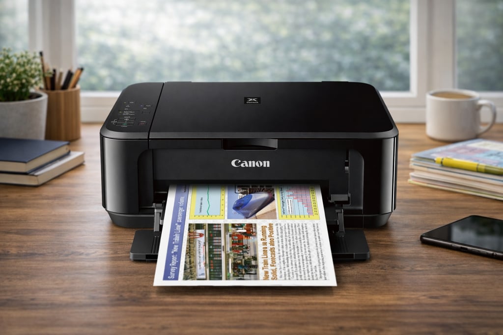 Black Canon PIXMA-style inkjet printer on a wooden desk in a bright home office, printing a colorful page; a window with blurred greenery, books, a plant, a coffee mug, and a smartphone are visible in the background.