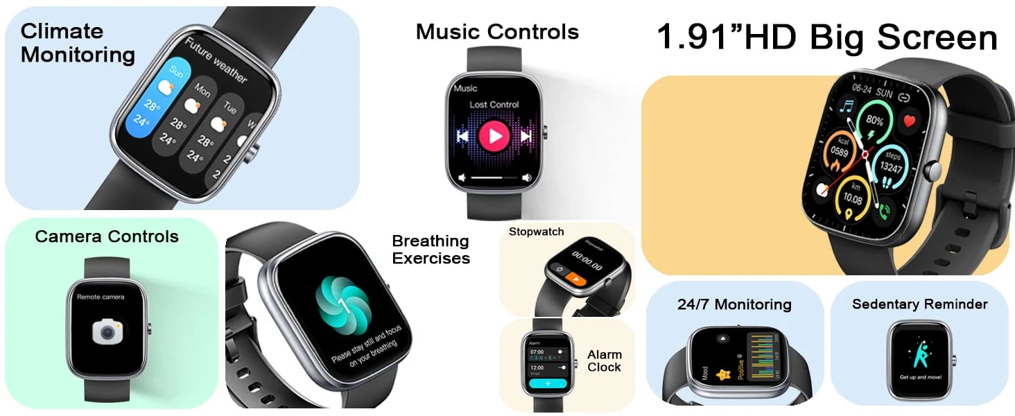 Collage of smartwatch features for men and women with a 1.91-inch HD big screen. Features shown include climate monitoring, music controls, camera controls, breathing exercises, stopwatch, alarm clock, 24/7 health monitoring, and sedentary reminder. The main watch face displays fitness stats such as calories burned, heart rate, steps taken, and distance covered.