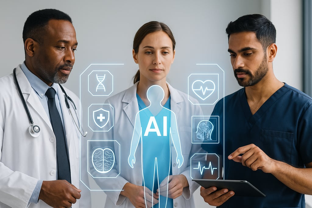 Artificial Intelligence in healthcare: three clinicians reviewing a holographic interface with AI icons for DNA, patient safety, heart, brain and ECG in a modern hospital setting.