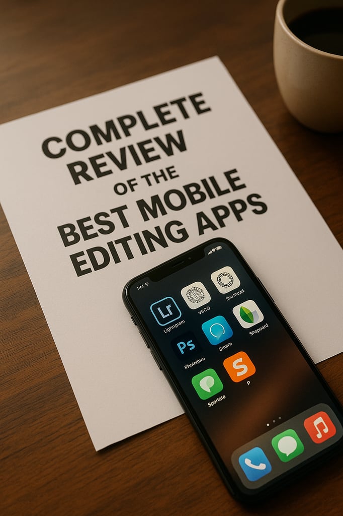Ultra-realistic professional photo featuring a printed guide titled ‘Complete Review of the Best Mobile Editing Apps’ on a clean desk, softly lit, alongside a smartphone displaying mobile editing app icons