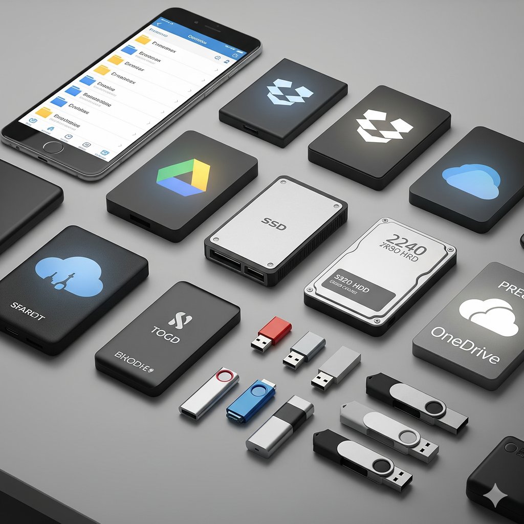 Ultra-realistic professional image of various portable storage solutions arranged neatly on a gray surface. Items include external SSDs, HDDs, USB flash drives in multiple colors, and cloud storage icons like Google Drive, Dropbox, and OneDrive. A smartphone displaying file management folders is also present, representing both physical and digital storage options