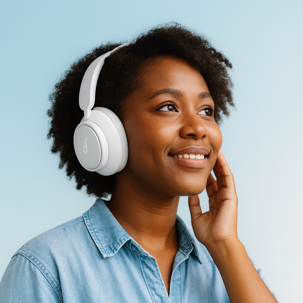Smiling young Black woman wearing white Anker Soundcore over-ear headphones, touching the right earcup, in a light denim shirt against a soft sky-blue background.