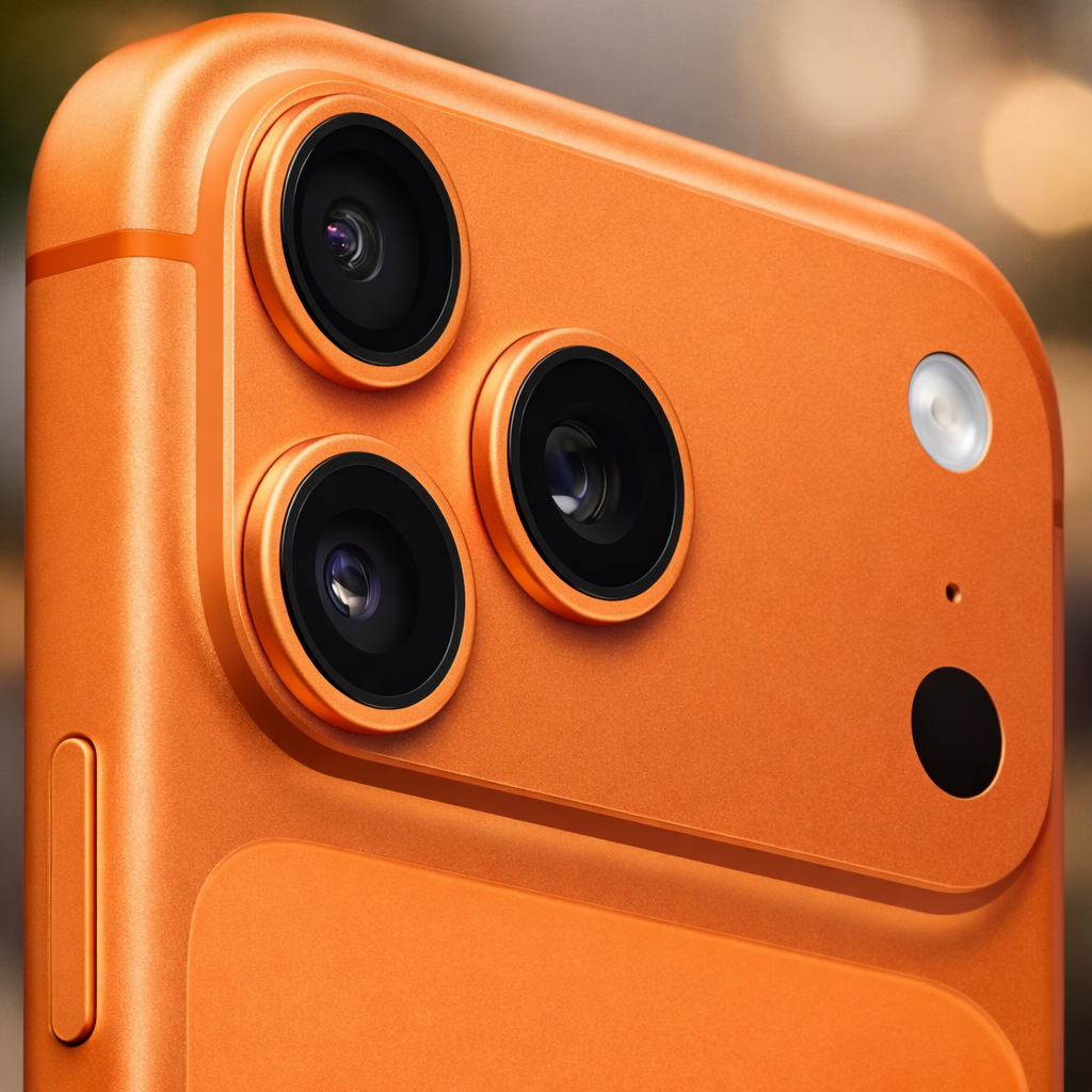Close-up of an orange iPhone triple-camera system with metallic lens rings on a realistic blurred background
