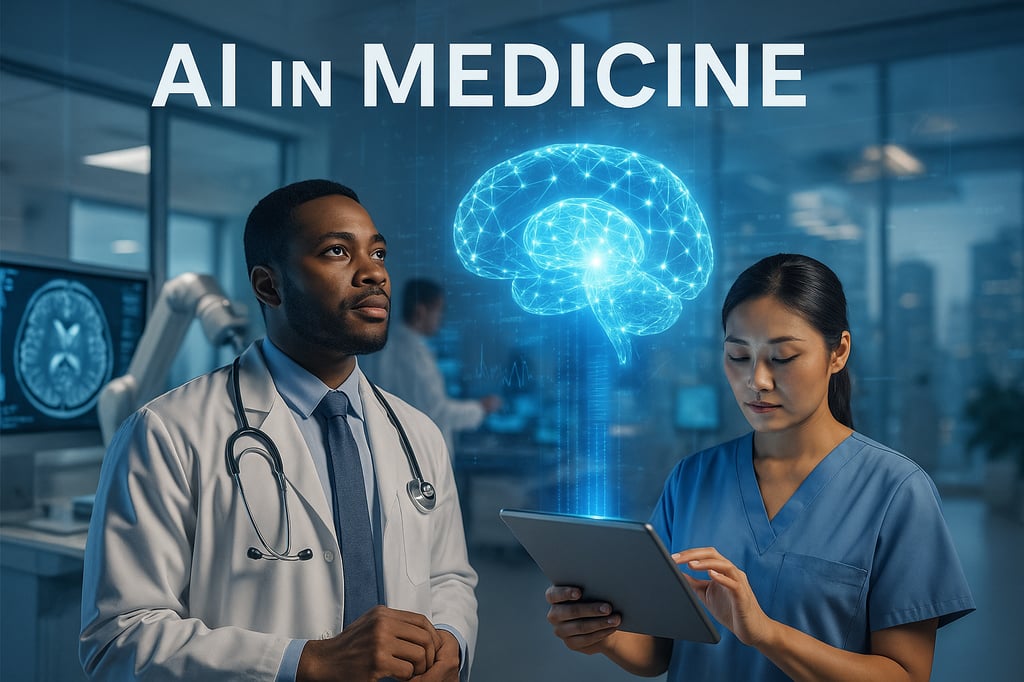 AI in Medicine: two healthcare professionals in a modern hospital reviewing data on a tablet while a glowing holographic brain and digital overlays illustrate artificial intelligence in diagnostics.