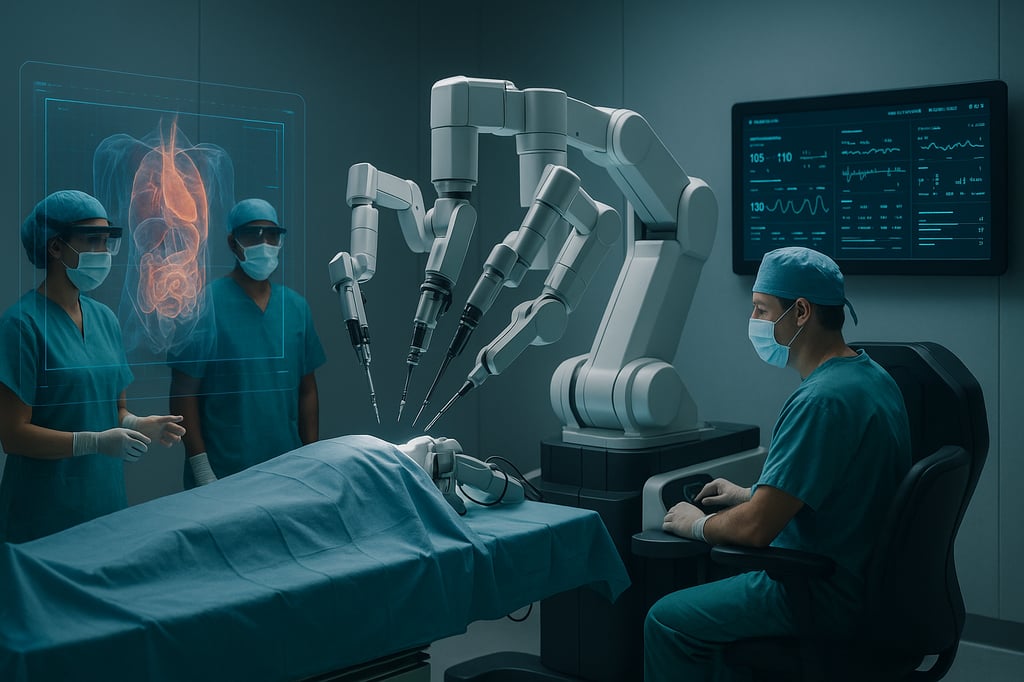 Ultra-modern operating room: surgeons guide robotic arms during a minimally invasive procedure, with AR anatomy overlay and AI vital-signs dashboards.