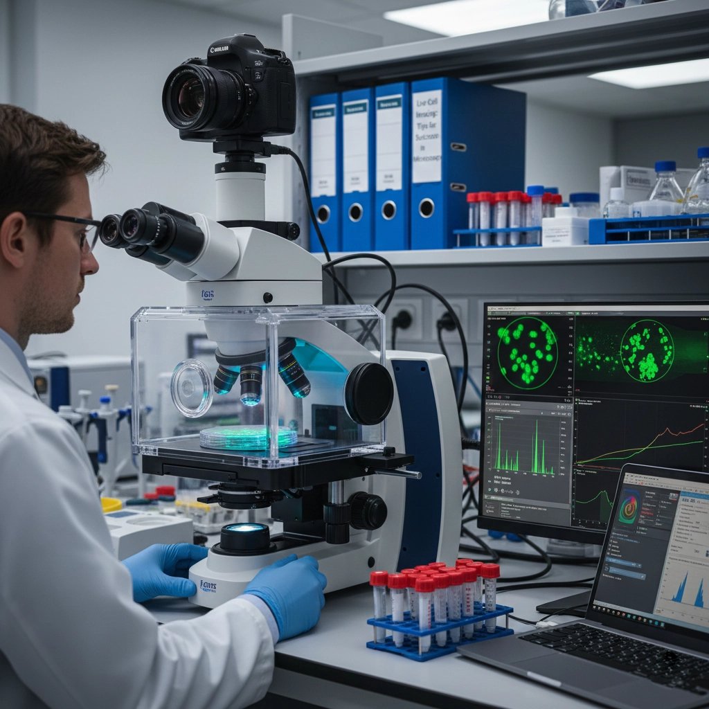 Neuroscience researcher operating an advanced confocal microscope in a modern laboratory, imaging fluorescent green cells displayed on dual computer monitors, with test tubes and lab equipment on the bench.