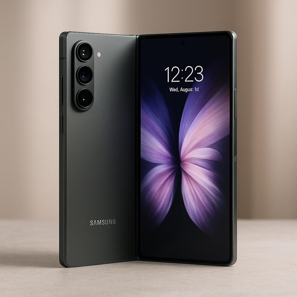 Samsung Galaxy Z Fold 7 in a professional photo shoot with soft lighting, unfolded to showcase its vibrant purple and pink abstract wallpaper on the main display, with its matte grey finish, triple-camera setup, and silver Samsung logo visible.