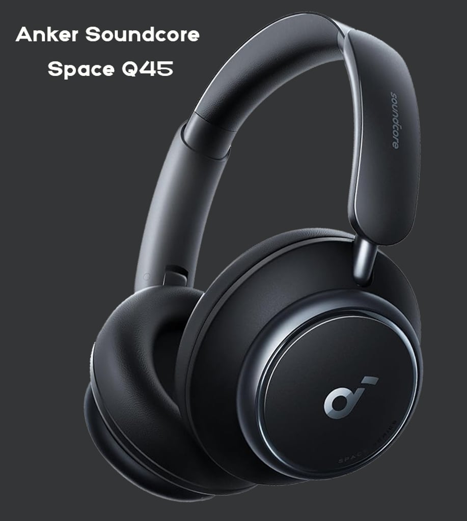 Anker Soundcore Space Q45 wireless over-ear headphones in black andgray, resting on a dark surface under soft studio lighting