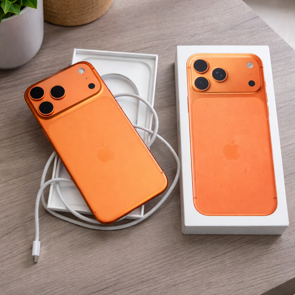 Orange iPhone 17 Pro Max with retail box and USB-C charging cable placed on a wooden desk background
