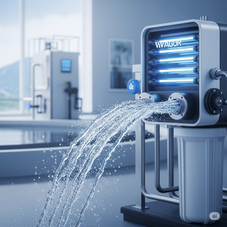 Advanced water filtration system with multiple clear filters, pipes, and gauges, set against a clean, industrial background, symbolizing modern water purification technology.