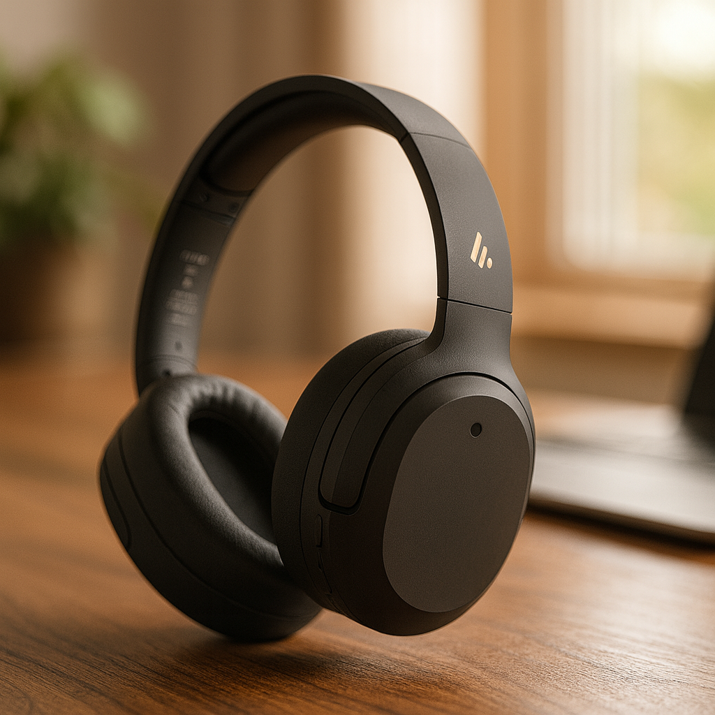 Edifier W820NB Plus over-ear ANC headphones in matte black, resting upright on a warm wooden desk in natural window light with a softly blurred laptop and plant in the background.