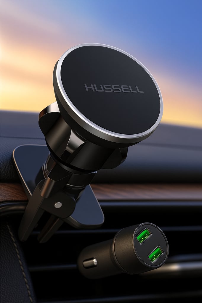 HUSSELL magnetic car phone mount clipped to a car air vent, showing a sleek black circular face with a silver rim, set against a blurred gradient sunset background; dashboard trim with wood accents and a dual-port USB charger are also visible.