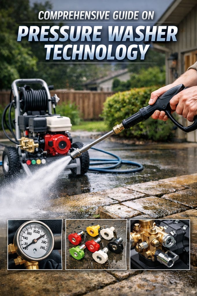 Ultra-realistic pressure washer technology scene: a person cleaning a stone patio with a high-pressure spray, with a modern pressure washer unit and close-up details of a pressure gauge, nozzle tips, and pump assembly.