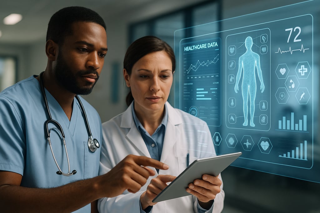 Two healthcare professionals review digital health data—charts, vitals, and a human body dashboard—on a futuristic transparent interface while using a tablet in a modern hospital.