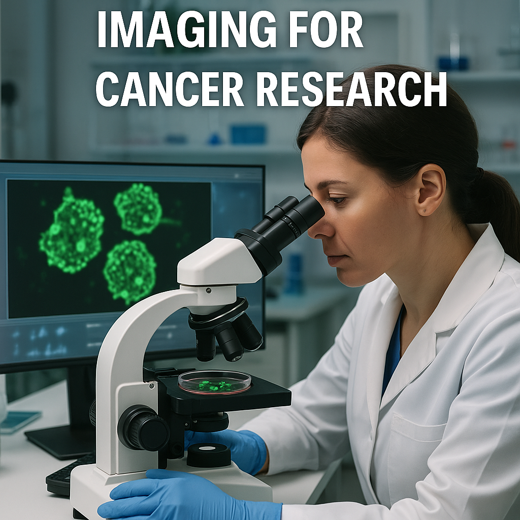Female cancer researcher using a fluorescence microscope to observe glowing green live cancer cells, with the high-resolution cell image displayed on a monitor in a modern laboratory.