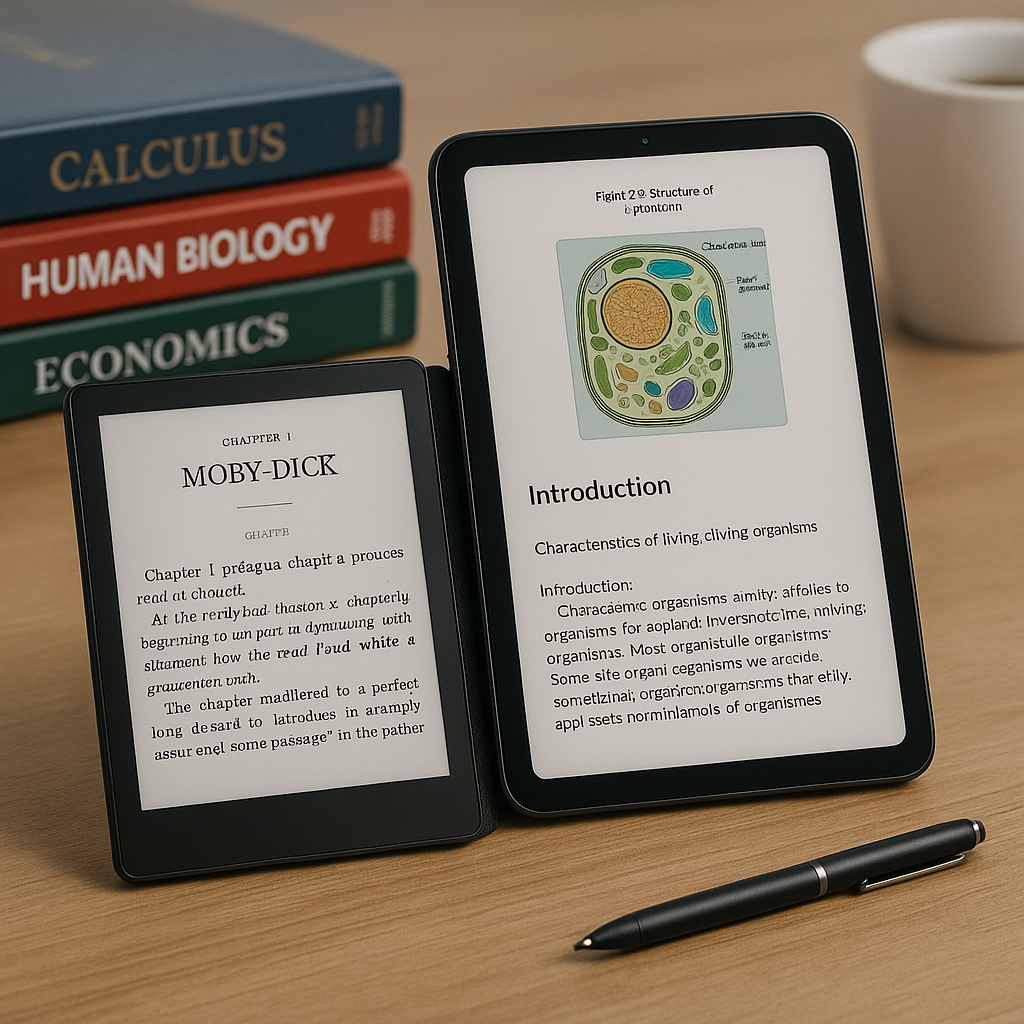 Close-up of an e-reader displaying Moby-Dick and a tablet showing a biology digital textbook with a plant cell diagram. Stacked textbooks on Calculus, Human Biology, and Economics are in the background, alongside a pen and coffee cup on a wooden desk.