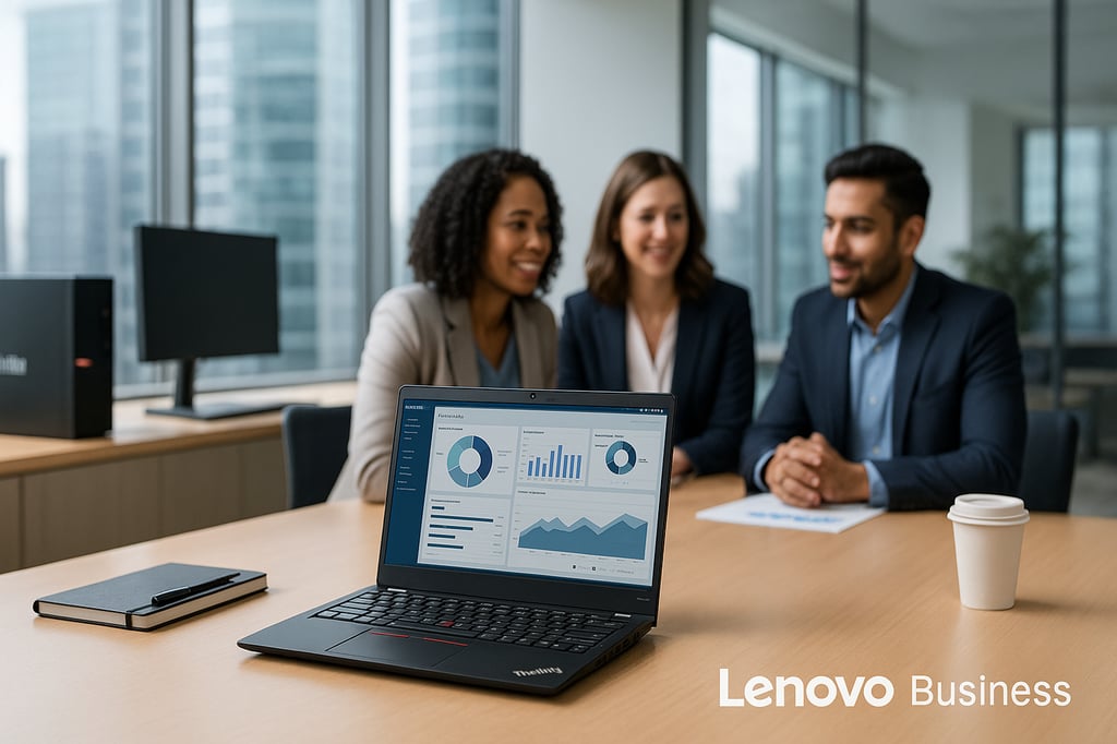Lenovo ThinkPad laptop displaying business analytics on a conference table, with three professionals collaborating in a modern glass-walled office in the background.