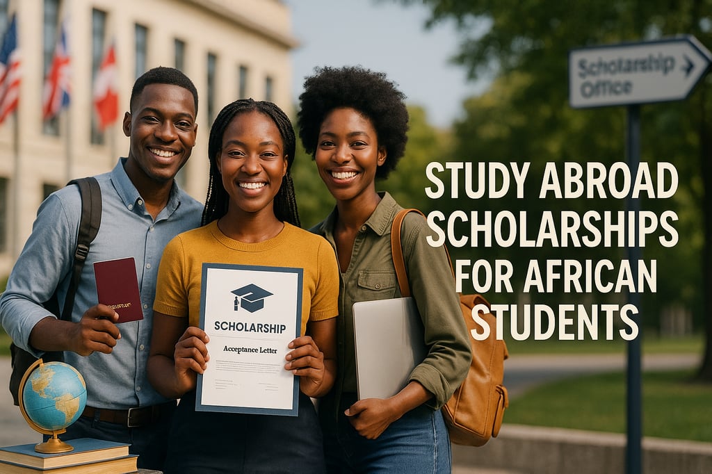 Three African students on an international university campus celebrating scholarship offers—one holding a scholarship acceptance letter, another a passport, and the third a laptop—symbolizing study abroad opportunities for African students.