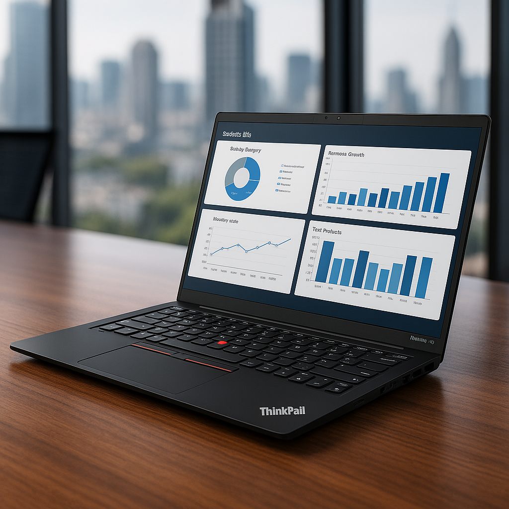 Lenovo ThinkPad X1 Carbon business laptop on a walnut conference table, open to a blue analytics dashboard, with a softly blurred city skyline visible through floor-to-ceiling windows.