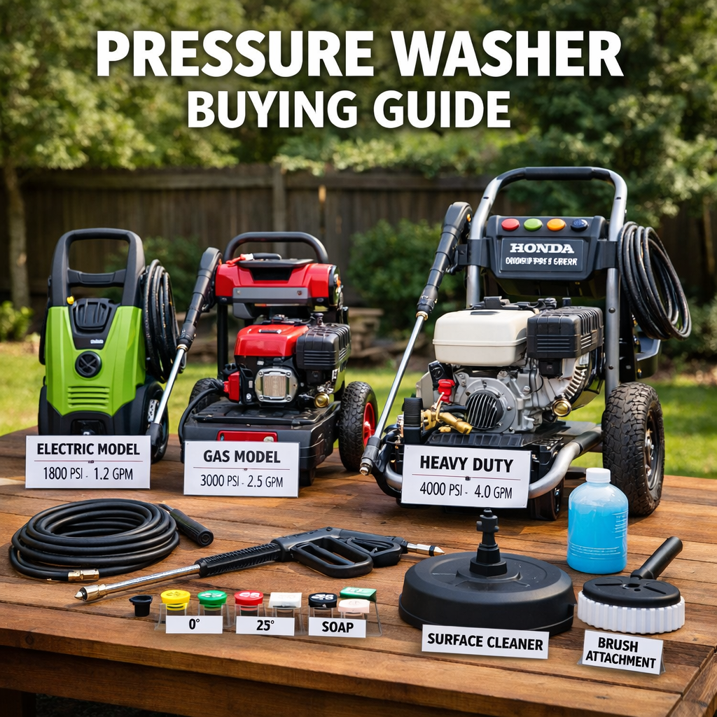 Real product photography of three pressure washer types—electric, gas, and heavy-duty—arranged on a wooden table outdoors with hoses, spray gun, color nozzles, surface cleaner, brush attachment, and detergent, illustrating PSI and GPM differences for a pressure washer buying guide.