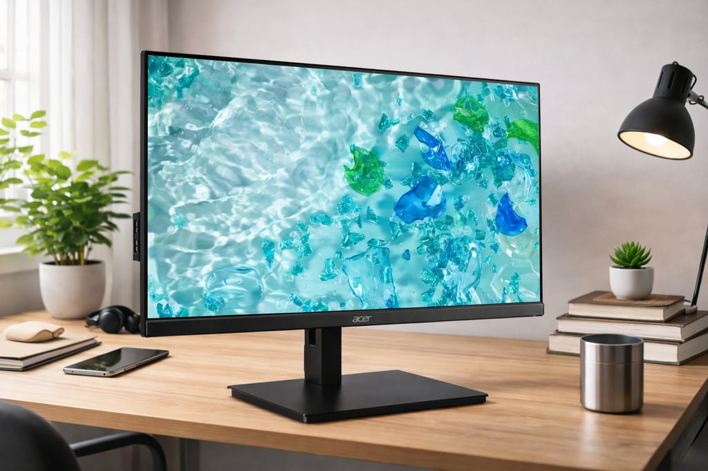 Acer monitor on a realistic wooden study desk in a bright home office, displaying an aqua-blue abstract water wallpaper, with desk lamp, books, phone, and plants.
