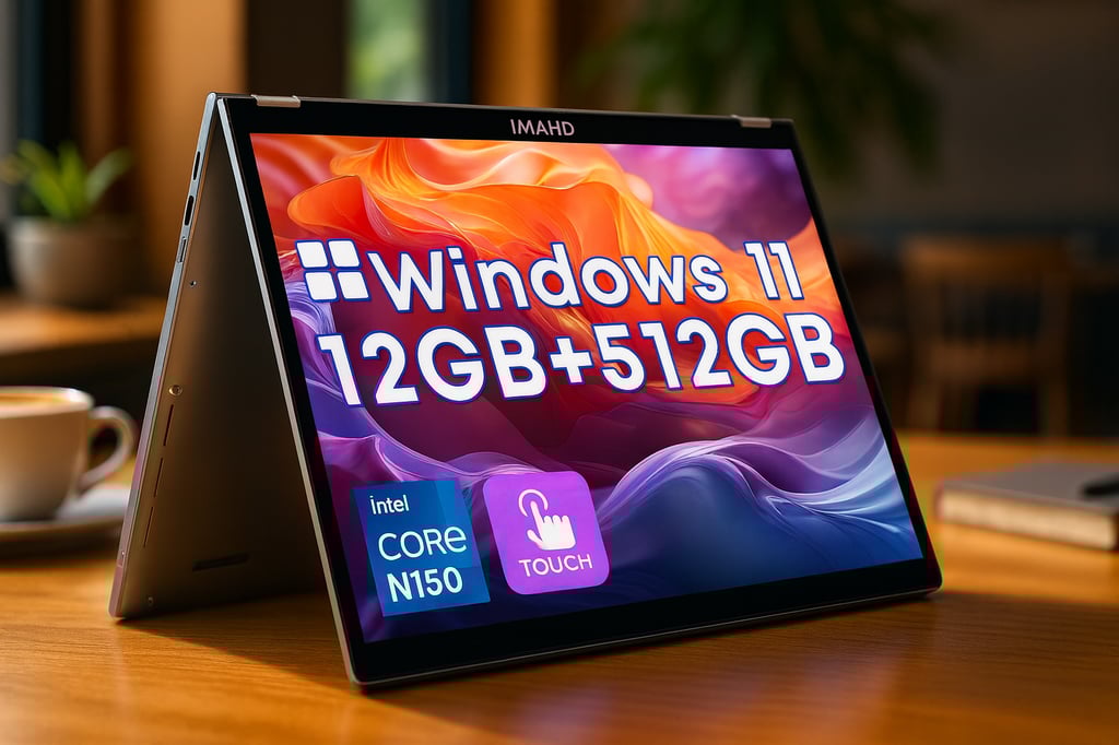 2-in-1 Windows 11 laptop in tent mode on a wooden table, screen showing ‘Windows 11 • 12GB + 512GB’ with Intel Core N150 and Touch icons, set against a softly blurred café interior.