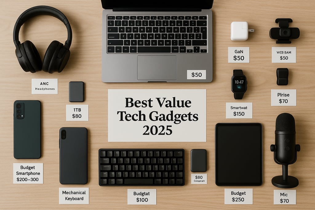 Best Value Tech Gadgets 2025: a neat flat-lay on light wood showing a laptop, ANC headphones, budget smartphone, smartwatch, tablet, webcam, GaN charger, mechanical keyboard, portable SSDs, and a podcast microphone with simple price cards.