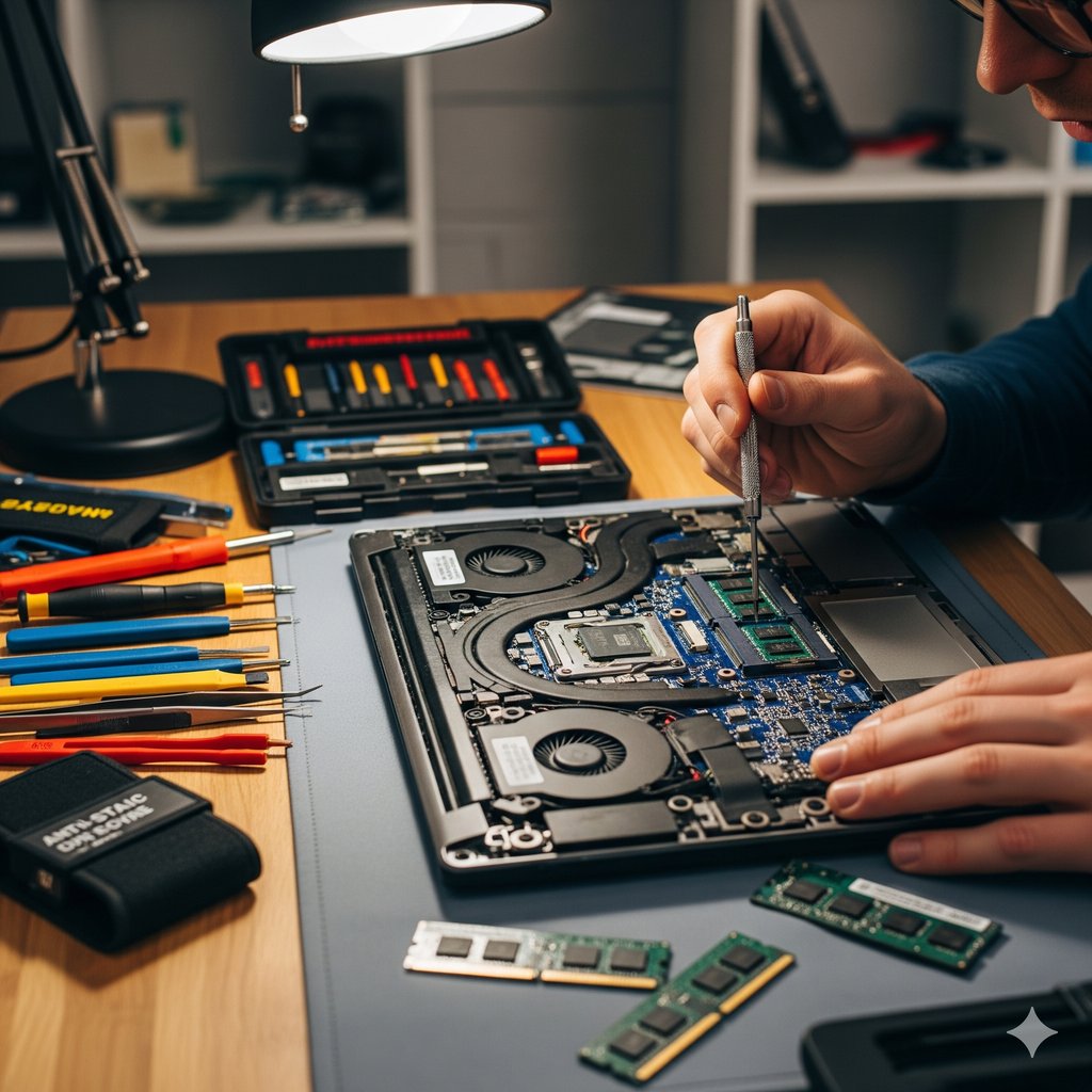 A person is focused on upgrading and maintaining the internal components of a laptop on a workbench. The laptop is open, revealing a detailed view of the motherboard, with an emphasis on the RAM, SSD, and a fan. The person's hands are visible, holding a small screwdriver from a toolkit, poised over one of the components. Various tools from the kit, such as an anti-static wrist strap, spudgers, and tweezers, are neatly arranged on the workbench beside the laptop. Additional components like a new stick of RAM and an upgraded SSD are also visible on the bench. The workbench is made of wood and is well-lit, with a desk lamp providing direct illumination. The background is slightly blurred but suggests a home office or workshop setting with shelves of electronic parts and other tools. The image has a shallow depth of field, with sharp focus on the laptop's internals and the person's hands.