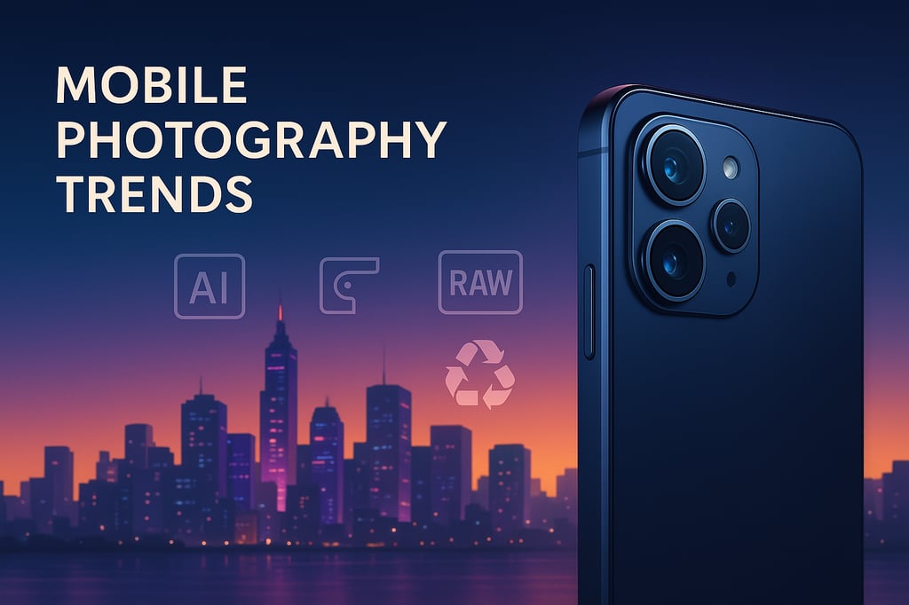 Illustration of a modern smartphone capturing a neon city skyline – Mobile Photography Trends