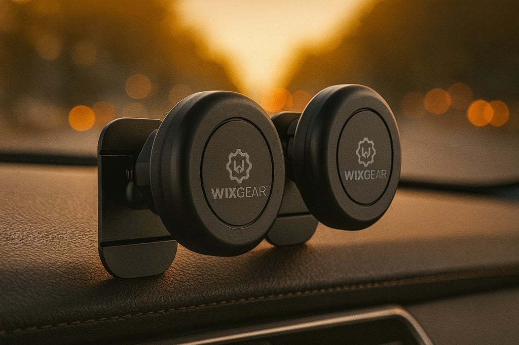 Pair of WixGear stick-on magnetic phone mounts on a textured car dashboard at sunset, with a softly blurred city street and warm bokeh lights in the background.