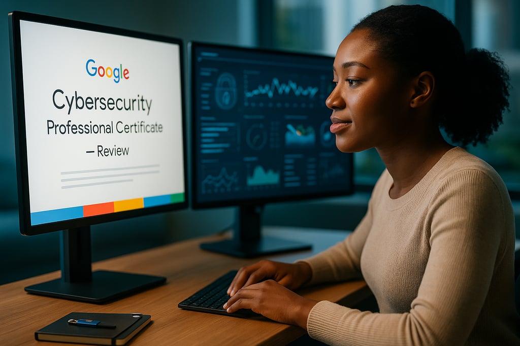 Young Black woman at a modern desk reviewing the Google Cybersecurity Professional Certificate on one monitor while a second screen shows security dashboards and charts; a notebook with a USB security key sits beside the keyboard in softly lit office surroundings.