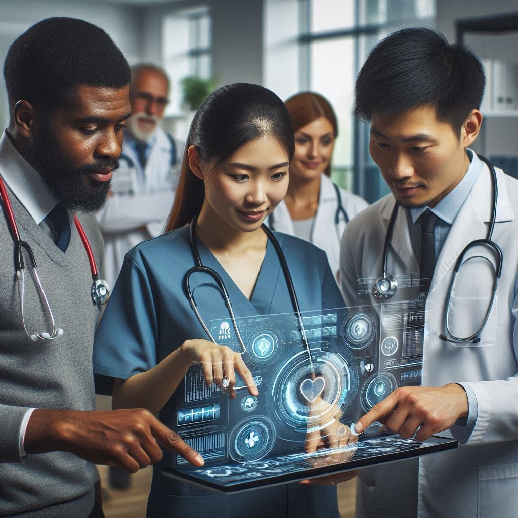 Diverse team of clinicians gathered around a tablet displaying a transparent holographic medical dashboard with glowing blue UI—heart icon, charts, and security symbols—in a modern hospital setting.