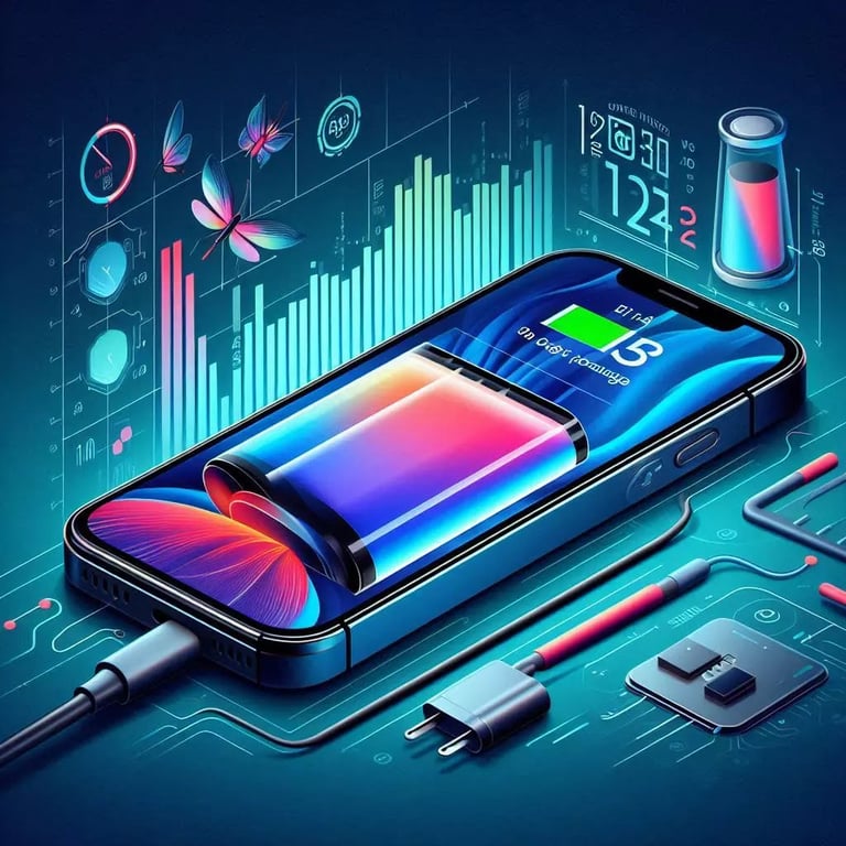 Futuristic illustration of a smartphone charging with a glowing battery cell on the screen, surrounded by cables, a charger, chip components, and analytics charts indicating power efficiency and charge time.