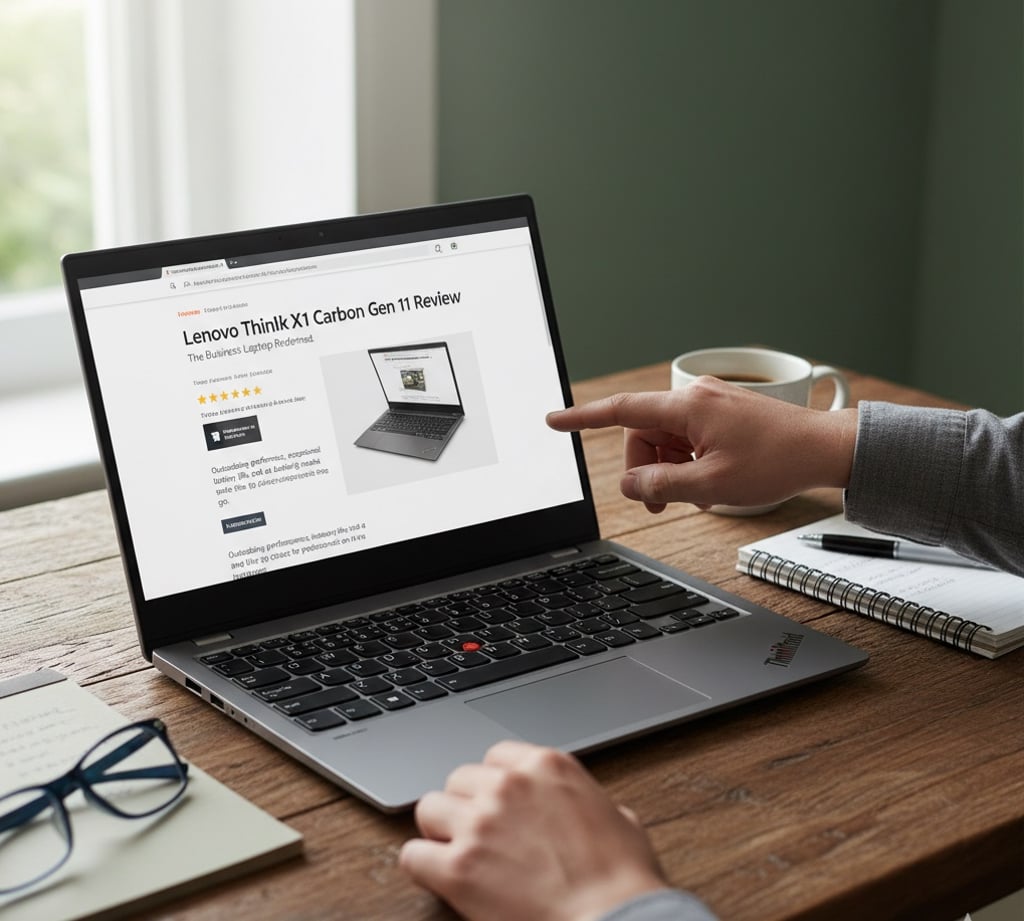 Lenovo ThinkPad laptop on a wooden desk with a person pointing at the screen showing a 'Lenovo ThinkPad X1 Carbon Gen 11 Review' page; coffee cup, spiral notebook, pen, and eyeglasses in the scene.