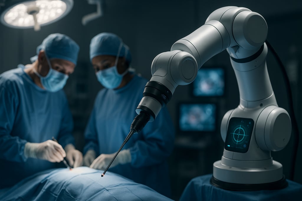 Ultra-realistic scene of a robotic surgical arm assisting two masked surgeons in a sterile operating room; AI-driven precision with a laser-guided laparoscopic instrument and soft overhead theatre lights.