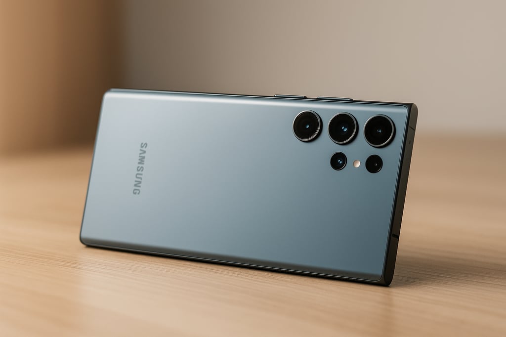 Samsung Galaxy S25 Ultra in a professional photo shoot, placed on a light wooden surface in landscape orientation, with soft lighting highlighting its sleek silver-blue finish and multi-lens rear camera system.