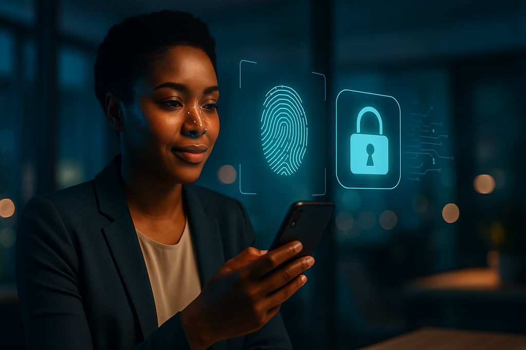 Professional woman in a dimly lit office authenticating on her smartphone, with a transparent facial-recognition mesh over her face and holographic fingerprint and padlock icons illustrating digital identity security.