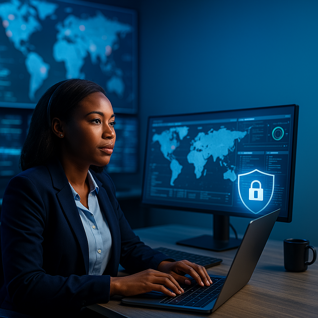 IBM Cybersecurity visual: an African woman cybersecurity analyst in a blue-lit SOC works on a laptop while large monitors show world-map threat dashboards and a glowing padlock shield icon — promoting the IBM Cybersecurity Analyst Professional Certificate.