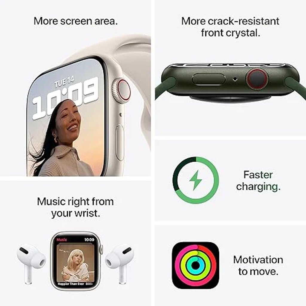 Apple Watch Series 7 feature collage showing larger screen area, a more crack-resistant front crystal, faster charging, music from your wrist with AirPods, and Activity Rings for motivation.